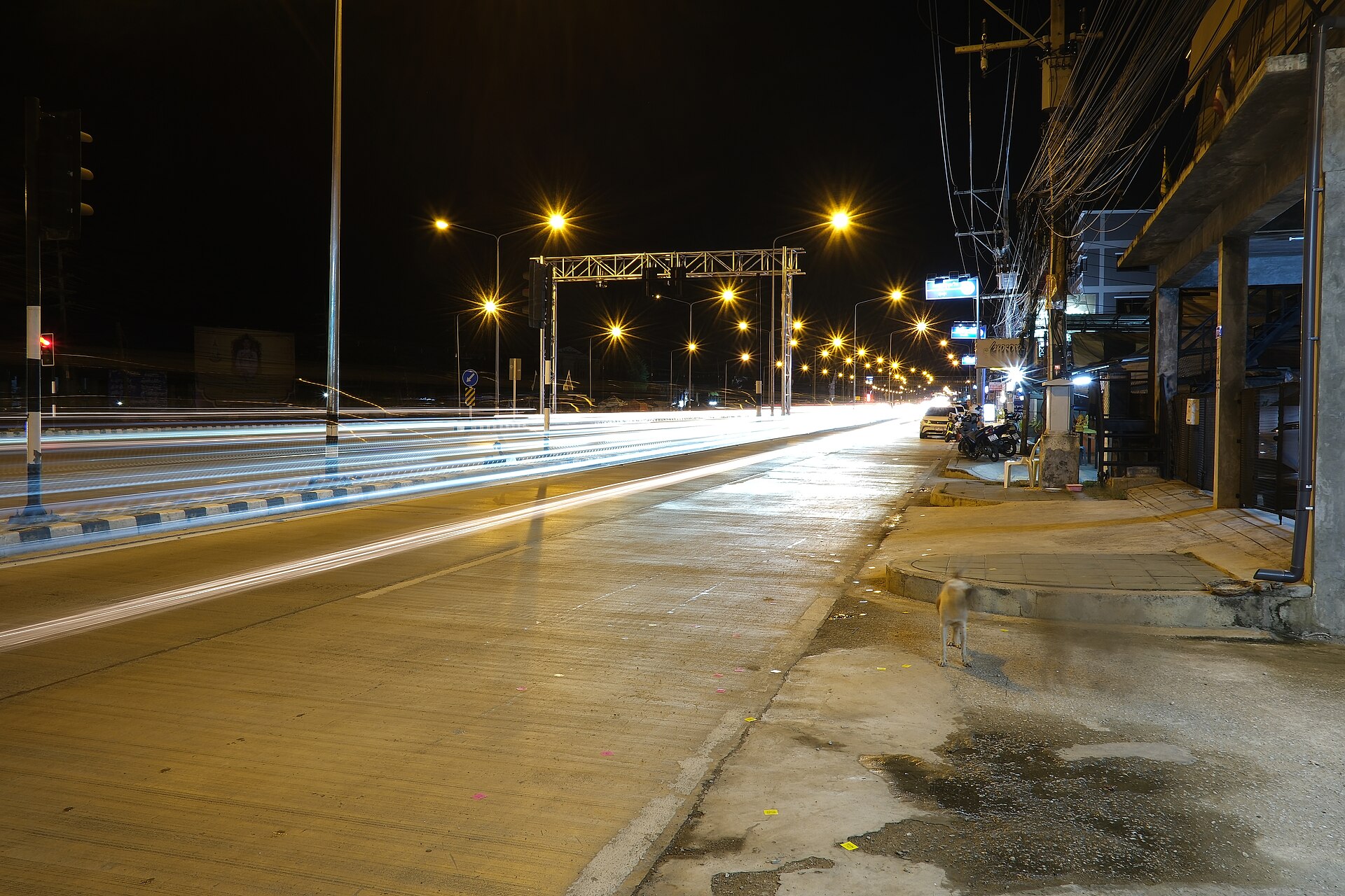 Empty city street at night under streetlights